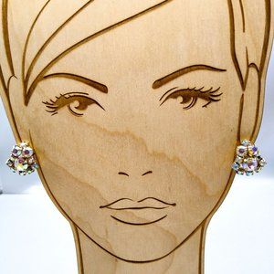 Glamorous Aurora Borealis Crystal Earrings, Gold Tone Clip Ons Sparkle